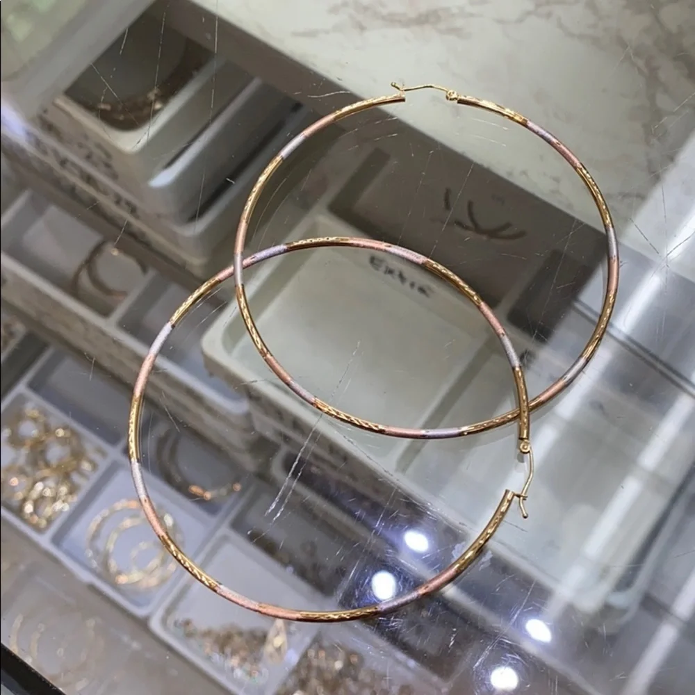 3” inches large 14k yellow Gold Hoop Earrings - Picture 4 of 6